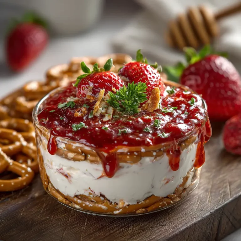 Strawberry pretzel salad dip in a wide dish with cream cheese layer, fresh strawberry Jello topping, and crushed pretzels on the side