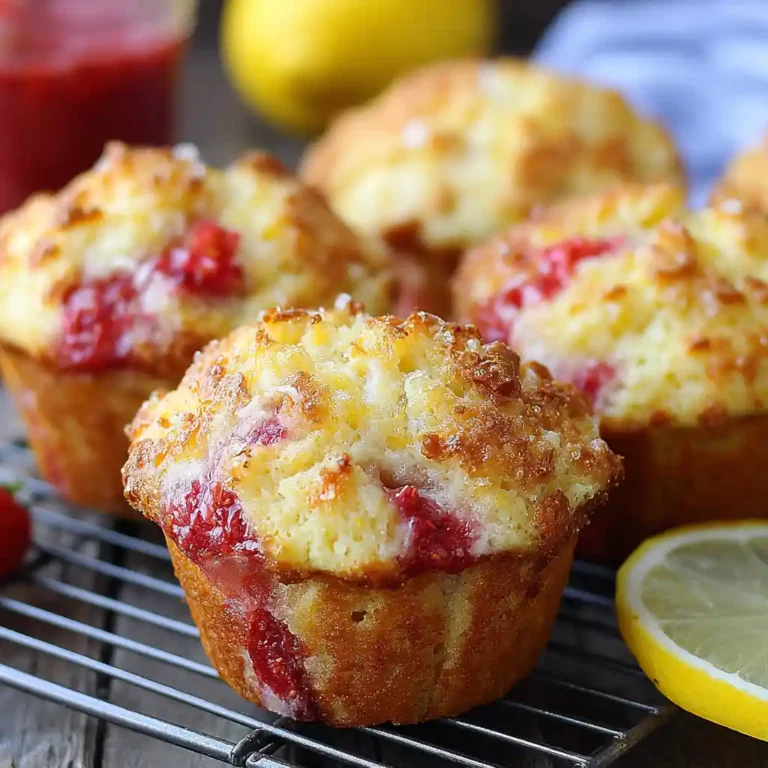 Strawberry Lemon Cottage Cheese Muffins with golden domed tops and visible strawberry pieces on a wire cooling rack