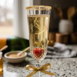 Homemade Gold Edible Glitter Sugar Champagne in a flute with a gold sugar rim and swirling gold glitter
