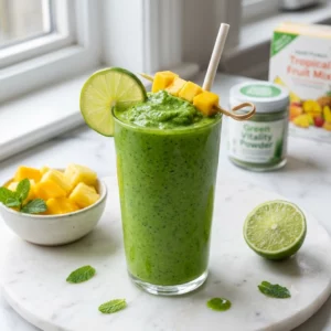 Green Detox Spinach Mango Pineapple Smoothie in a tall clear glass showing a bright tropical green color with a lime wheel garnish and a white straw