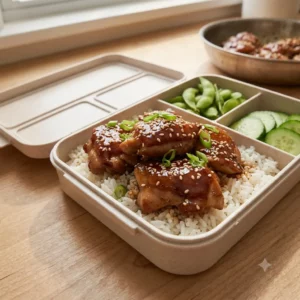 Asian Sesame Chicken Rice Bento Box open showing glazed sesame chicken slices over jasmine rice with edamame, cucumber, shredded carrot, and sesame seeds