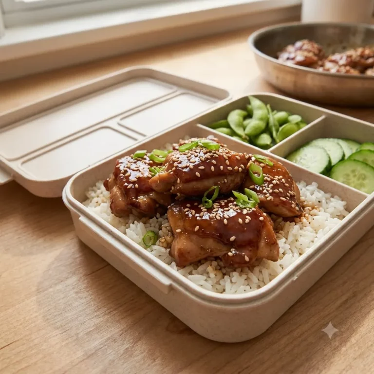 Asian Sesame Chicken Rice Bento Box open showing glazed sesame chicken slices over jasmine rice with edamame, cucumber, shredded carrot, and sesame seeds