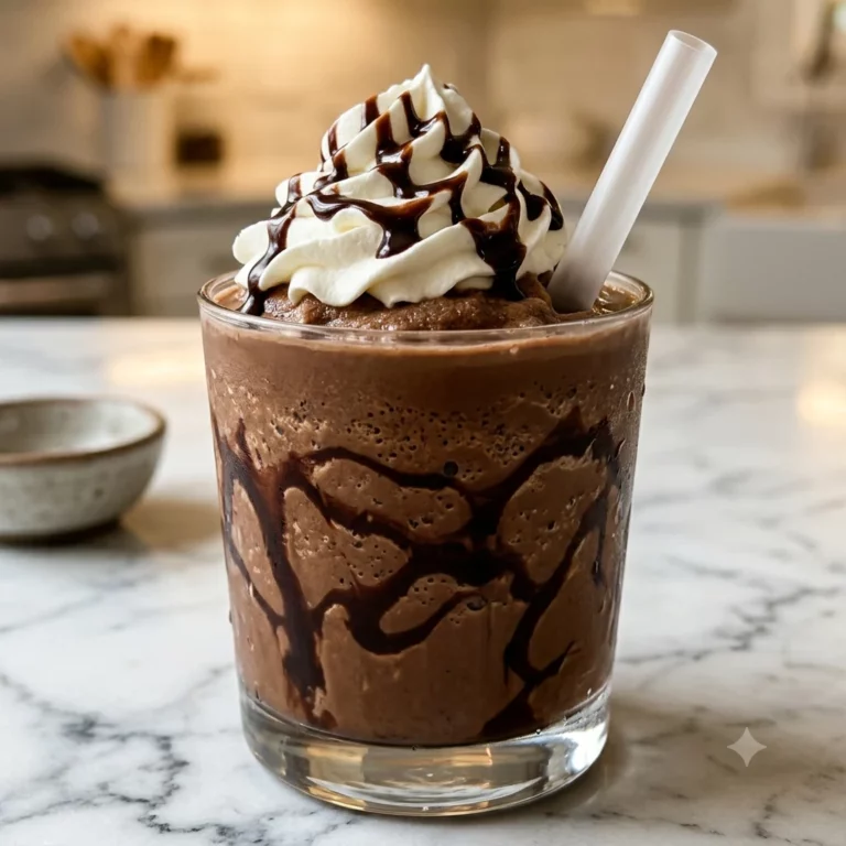 Homemade 7 Brew Smooth 7 Blended Frozen Coffee in a clear glass with chocolate drizzle, whipped cream, and a wide straw