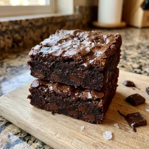 Rich Double Chocolate Chunk Brownies stacked showing fudgy interior with visible melted chocolate chunks and shiny crackly top