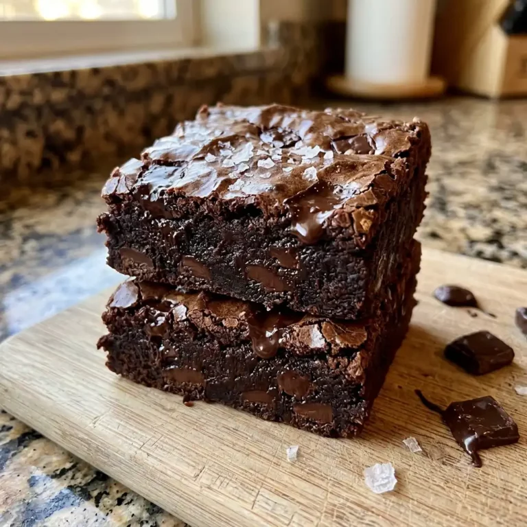 Rich Double Chocolate Chunk Brownies stacked showing fudgy interior with visible melted chocolate chunks and shiny crackly top