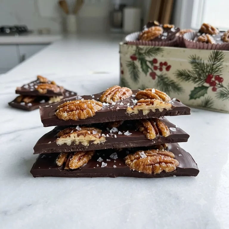 Dark Chocolate Candied Pecan Holiday Bark shards on a white marble surface showing glossy dark chocolate with golden candied pecan halves and flaky sea salt crystals