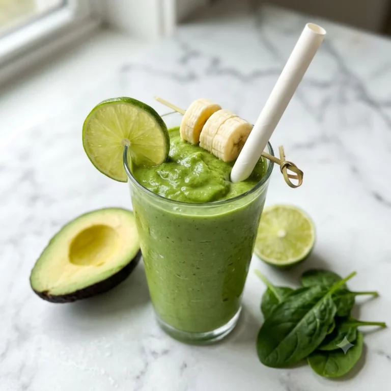 Creamy Avocado Banana Green Smoothie in a tall clear glass showing a thick vibrant green smoothie with a lime wheel garnish and a wide white straw