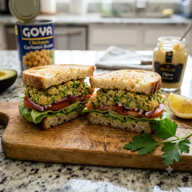 Smashed Chickpea Salad Sandwich on toasted sourdough with avocado filling, lettuce, tomato, and red onion