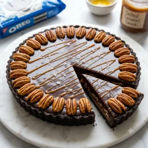 Salted Caramel Pecan Chocolate Tart on a white marble surface showing glossy dark chocolate ganache with whole toasted pecans, caramel drizzle, and flaky sea salt