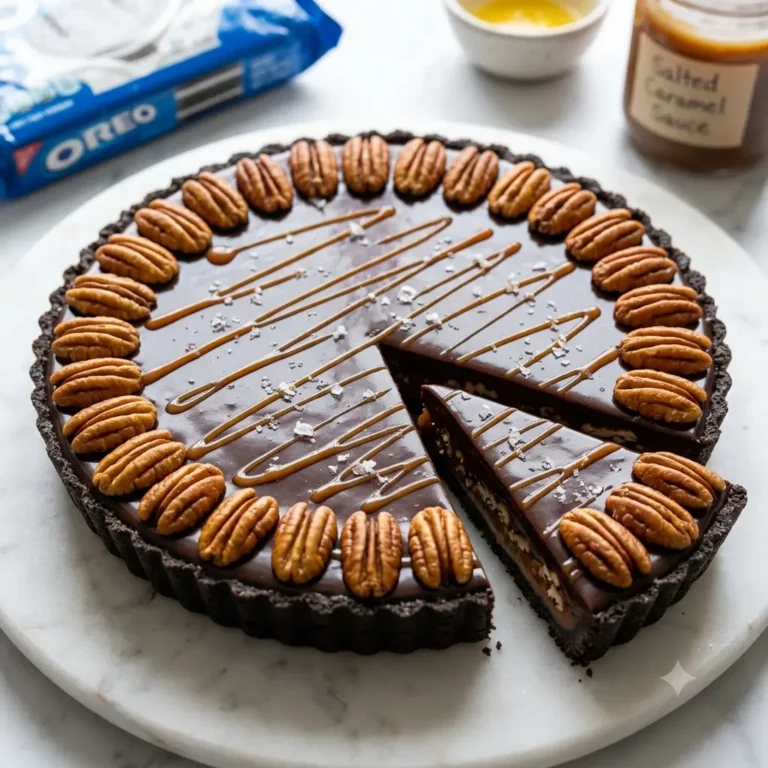 Salted Caramel Pecan Chocolate Tart on a white marble surface showing glossy dark chocolate ganache with whole toasted pecans, caramel drizzle, and flaky sea salt