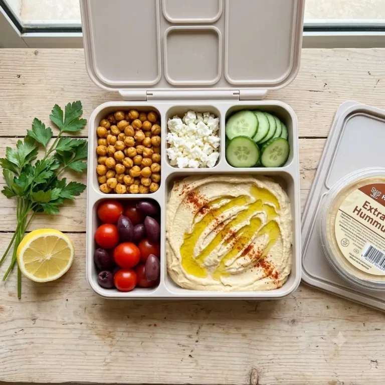 Mediterranean Hummus Veggie Bento Box open showing creamy hummus with olive oil drizzle, roasted chickpeas, cucumber rounds, cherry tomatoes, kalamata olives, and crumbled feta