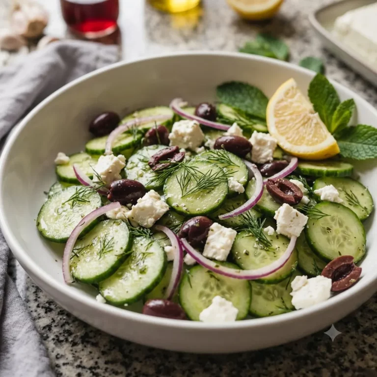 Crisp Cucumber Feta Salad in a white bowl with thin cucumber slices, crumbled feta, fresh dill, and herb vinaigrette