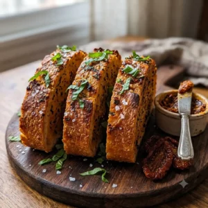 Sun Dried Tomato Herb Garlic Bread on a dark wooden board showing deeply golden skillet-toasted slices with visible sun dried tomato compound butter, fresh basil, and flaky sea salt