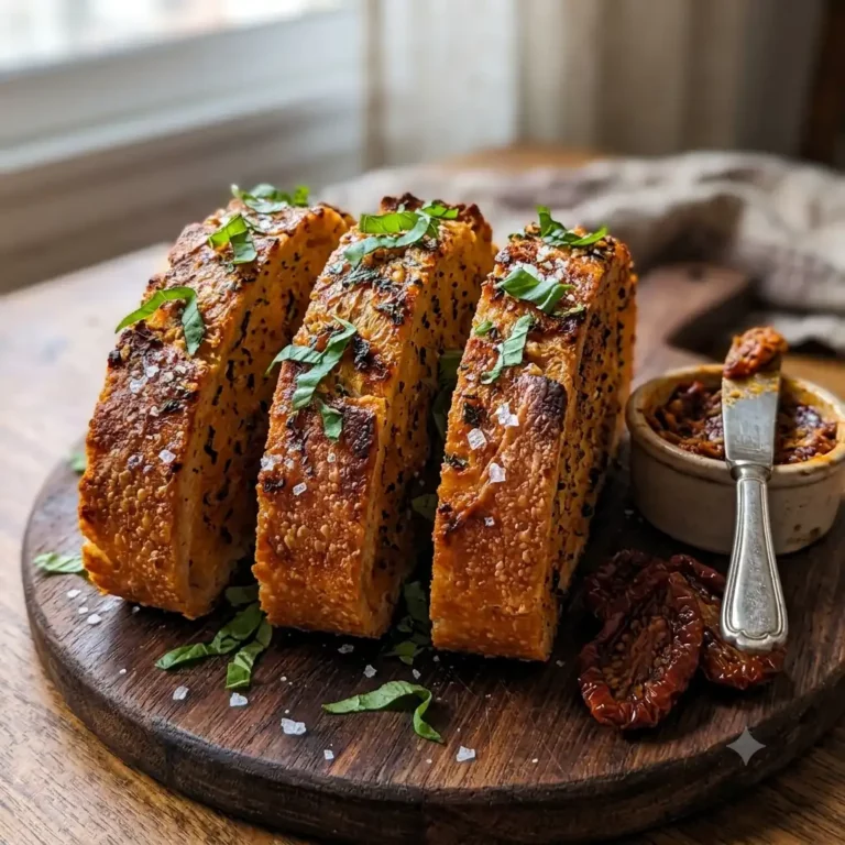 Sun Dried Tomato Herb Garlic Bread on a dark wooden board showing deeply golden skillet-toasted slices with visible sun dried tomato compound butter, fresh basil, and flaky sea salt