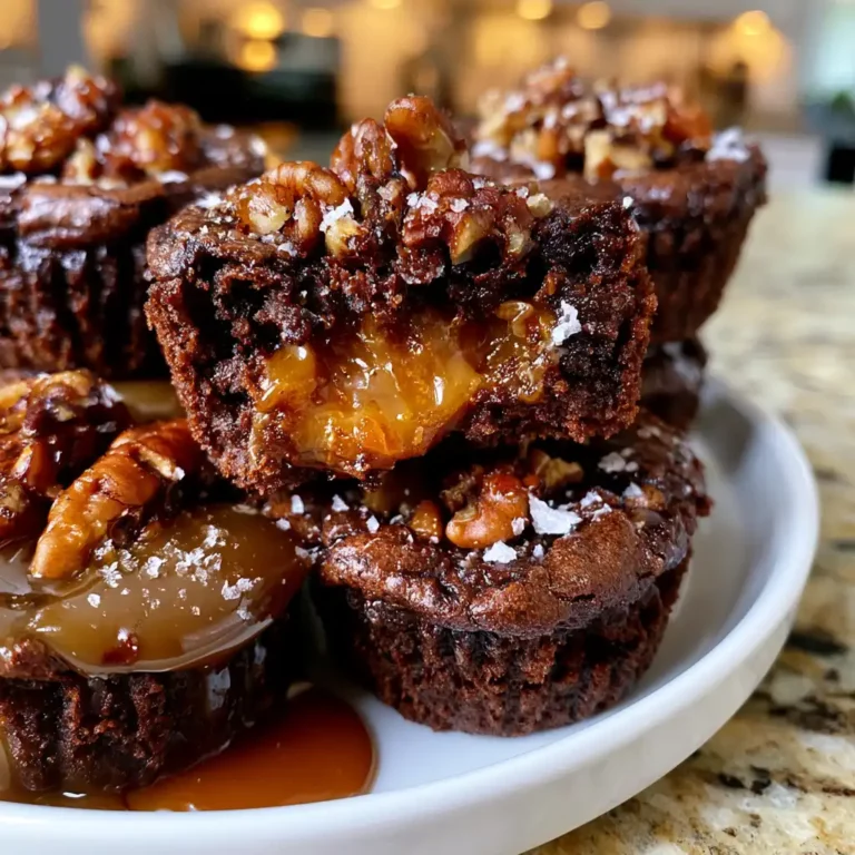 Caramel Pecan Brownie Bites on a white plate with one broken open showing the gooey caramel center and toasted pecan topping
