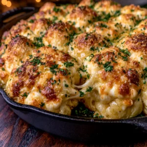 Cheesy Pull Apart Garlic Rolls in a cast iron skillet showing golden rolls with melted mozzarella cheese pulls and garlic butter glaze with fresh parsley
