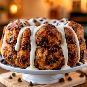 Chocolate Chip Monkey Bread on a white cake stand with cream cheese glaze drizzled over golden pull-apart cinnamon sugar dough with visible melted chocolate chips
