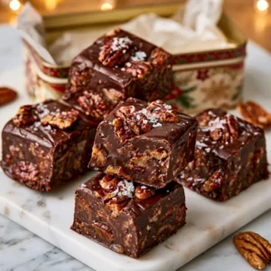 Chocolate Pecan Fudge squares on a white marble surface showing dark glossy chocolate fudge with visible toasted pecans and flaky sea salt on top