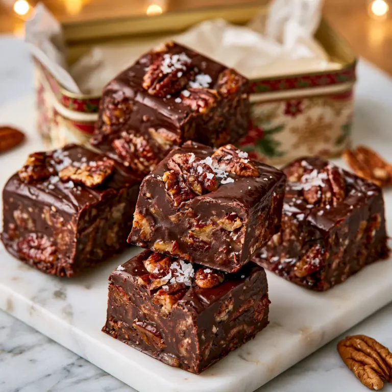 Chocolate Pecan Fudge squares on a white marble surface showing dark glossy chocolate fudge with visible toasted pecans and flaky sea salt on top