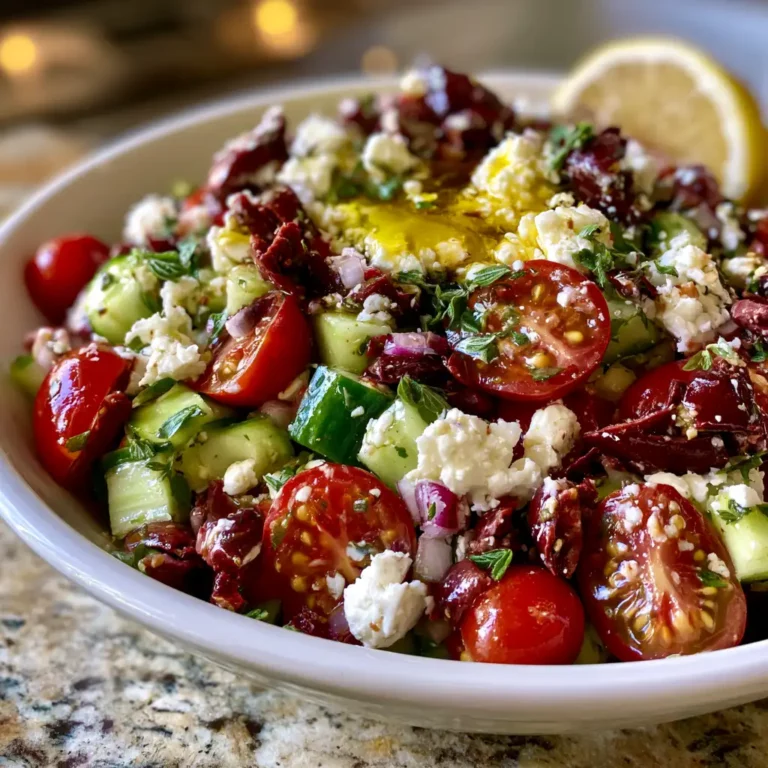 Chopped Cucumber Feta Olive Salad in a white bowl with kalamata olives, cherry tomatoes, crumbled feta, and fresh oregano