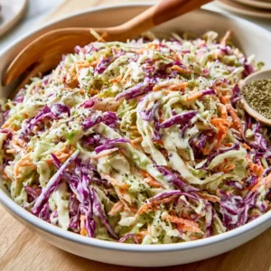 Classic Creamy Coleslaw in a white serving bowl with shredded green and purple cabbage, carrots, and creamy tangy dressing with celery seed