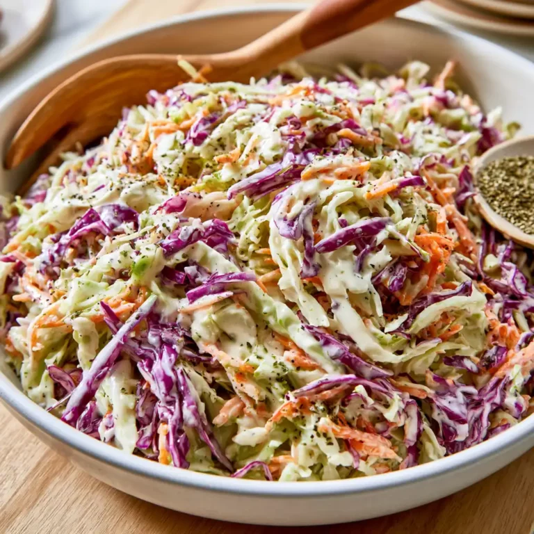 Classic Creamy Coleslaw in a white serving bowl with shredded green and purple cabbage, carrots, and creamy tangy dressing with celery seed