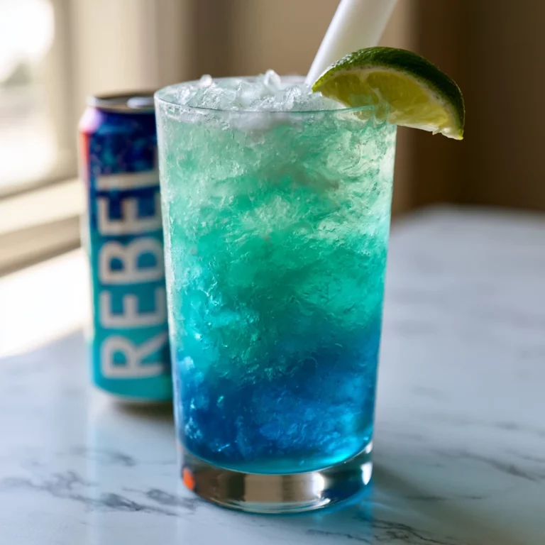 Copycat 7 Brew Ocean Breeze Rebel Energy Drink in a clear glass with blue-green layered color, coconut water, blue raspberry syrup, and a lime wedge garnish over ice