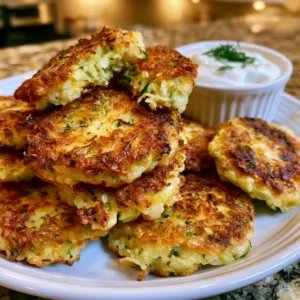 Crispy Zucchini Fritters stacked on a white plate with a golden parmesan crust and a Greek yogurt dipping sauce