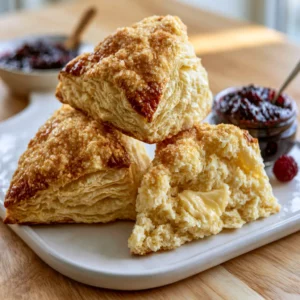 Easy Buttermilk Vanilla Scones on a white ceramic board showing golden flaky layers with coarse sugar crust and a small jar of berry jam and butter beside them