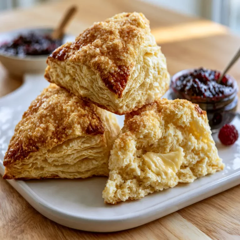 Easy Buttermilk Vanilla Scones on a white ceramic board showing golden flaky layers with coarse sugar crust and a small jar of berry jam and butter beside them