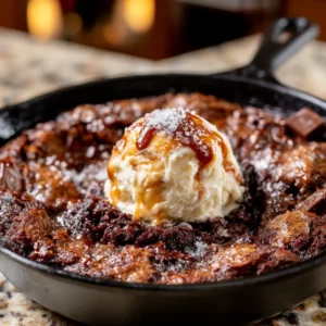 Easy Skillet Brownie in a cast iron pan with a scoop of vanilla ice cream melting into the warm fudgy center and flaky sea salt on top