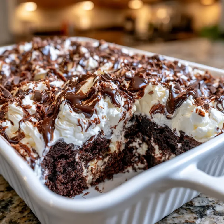 Father's Day Chocolate Poke Cake in a baking dish with whipped cream topping, chocolate drizzle, and chocolate shavings