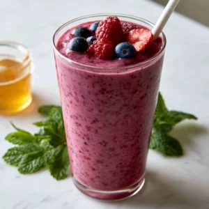 Frozen Mixed Berry Smoothie with Greek Yogurt in a tall clear glass with a deep purple-pink color, fresh berries on top, and a white paper straw