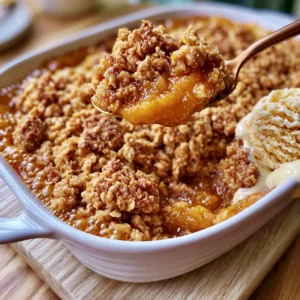 Frozen Peach Crisp Gluten Free in a white baking dish with deeply golden oat crumble topping and bubbling peach filling visible around the edges