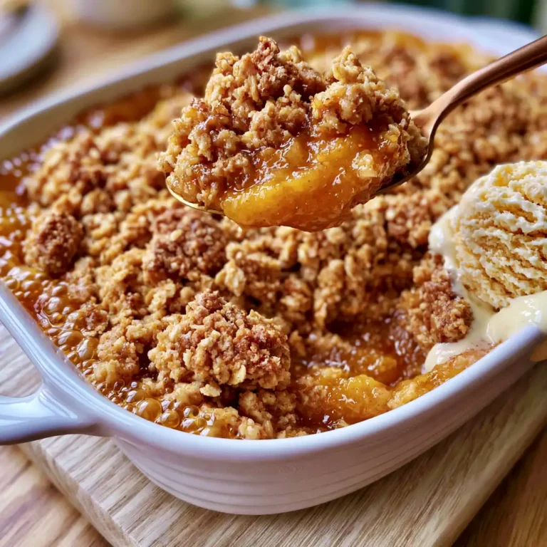 Frozen Peach Crisp Gluten Free in a white baking dish with deeply golden oat crumble topping and bubbling peach filling visible around the edges