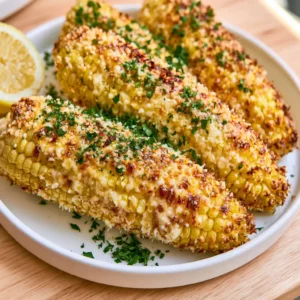 Garlic Parmesan Roasted Corn on a white platter with caramelized golden kernels, melted garlic butter, freshly grated parmesan, and chopped parsley