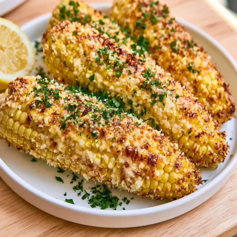 Garlic Parmesan Roasted Corn on a white platter with caramelized golden kernels, melted garlic butter, freshly grated parmesan, and chopped parsley