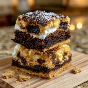 Gooey S'mores Stuffed Chocolate Brownie Bars stacked showing graham cracker crust, fudgy brownie layer, and golden toasted marshmallow top