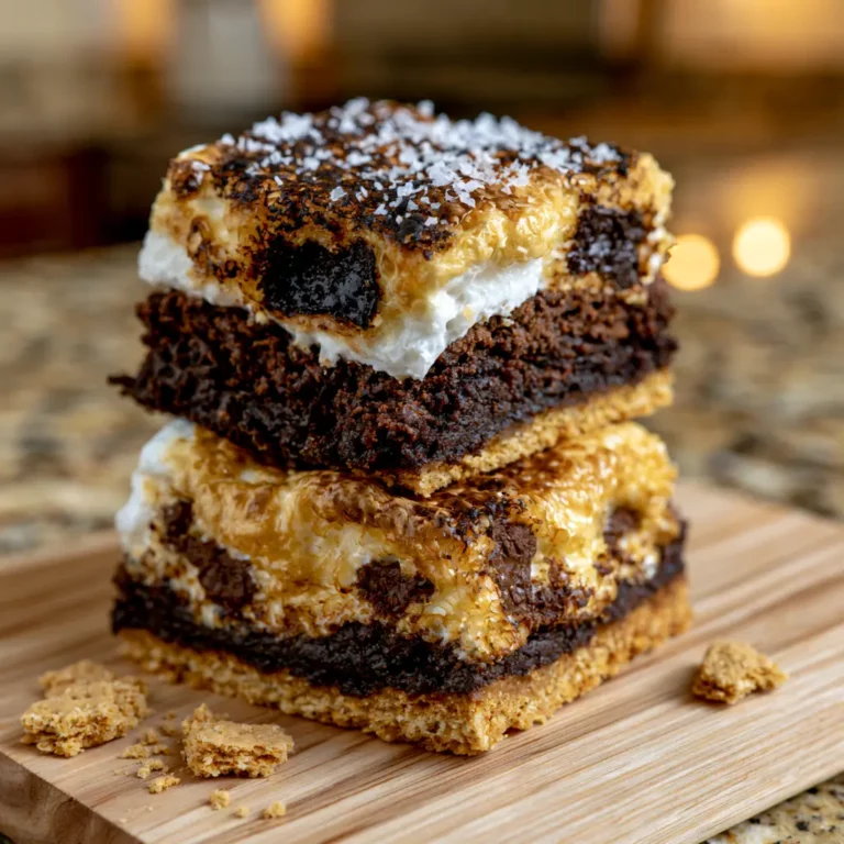 Gooey S'mores Stuffed Chocolate Brownie Bars stacked showing graham cracker crust, fudgy brownie layer, and golden toasted marshmallow top