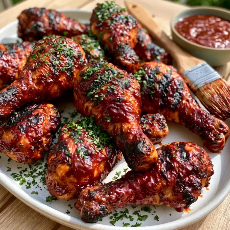 Grilled BBQ Chicken Drumsticks on a white platter with caramelized BBQ glaze, crispy charred skin, and a brush of extra sauce on the side
