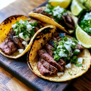 Grilled Carne Asada Tacos on a wooden board with charred corn tortillas, thinly sliced flank steak, white onion, fresh cilantro, and lime wedges