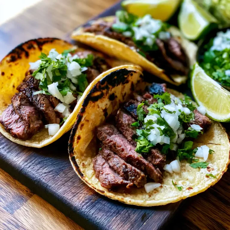 Grilled Carne Asada Tacos on a wooden board with charred corn tortillas, thinly sliced flank steak, white onion, fresh cilantro, and lime wedges