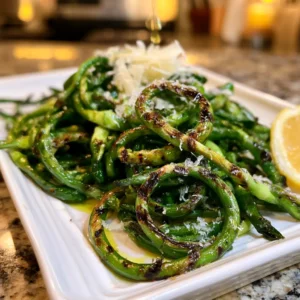 Grilled Garlic Scapes on a white platter with char marks, lemon wedges, and shaved parmesan