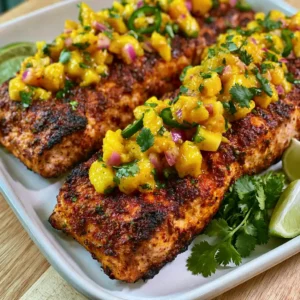 Grilled Salmon with Mango Salsa on a white platter showing crispy skin salmon fillets topped with bright fresh mango salsa with cilantro and lime wedges
