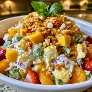 Hawaiian Tropical Fruit Salad in a large bowl with mango, pineapple, kiwi, strawberries, creamy dressing, and toasted coconut