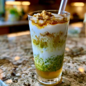 Iced Jasmine Milk Tea in a tall glass with coconut milk swirling through the golden tea over ice