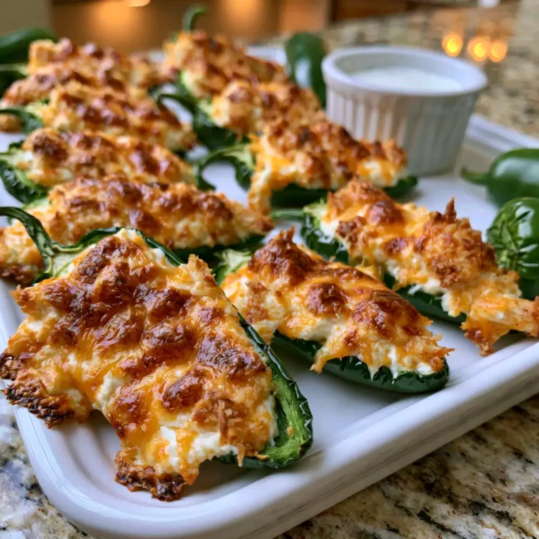 Jalapeño Poppers Cream Cheese Cheddar on a white serving board with hot bubbly golden cheese filling in blistered fresh jalapeño halves with no breadcrumb coating