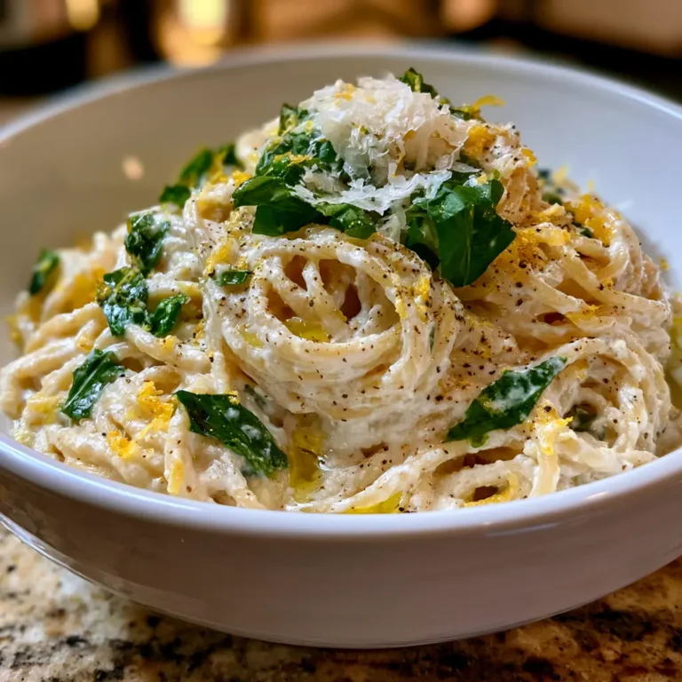 Lemon Ricotta Pasta in a white bowl with creamy sauce, lemon zest, fresh basil, and parmesan