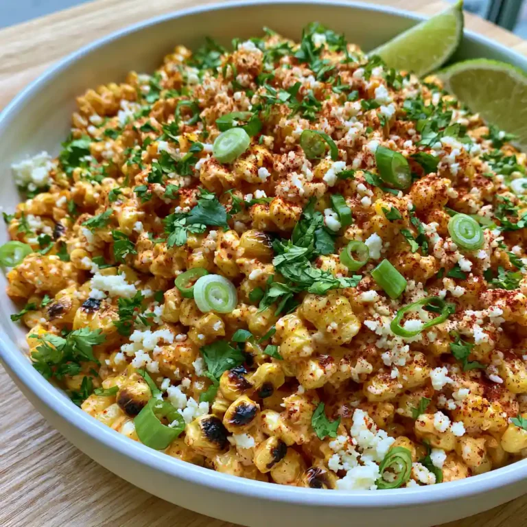 Mexican Street Corn Salad in a white serving bowl with charred corn kernels, crumbled cotija cheese, fresh cilantro, green onion, and a chili-lime drizzle