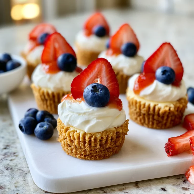 No-Bake Mini Cheesecake Bites in a muffin tin with graham cracker crust, creamy white cheesecake filling, and fresh strawberries and blueberries on top
